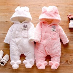 BABY SOLID FLEECE RABBIT HOODED JUMPSUIT ( colours Grey, pink,white and khaki)